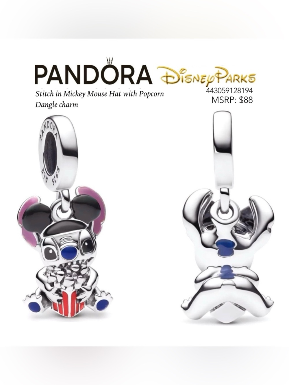 PANDORA Disney Parks Stitch in Mickey Mouse Hat with popcorn dangle charm w/box